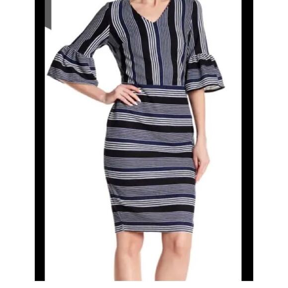 ECI Dresses & Skirts - Eci V-Neck Striped Bell Sleeve Dress Size 8 NWT